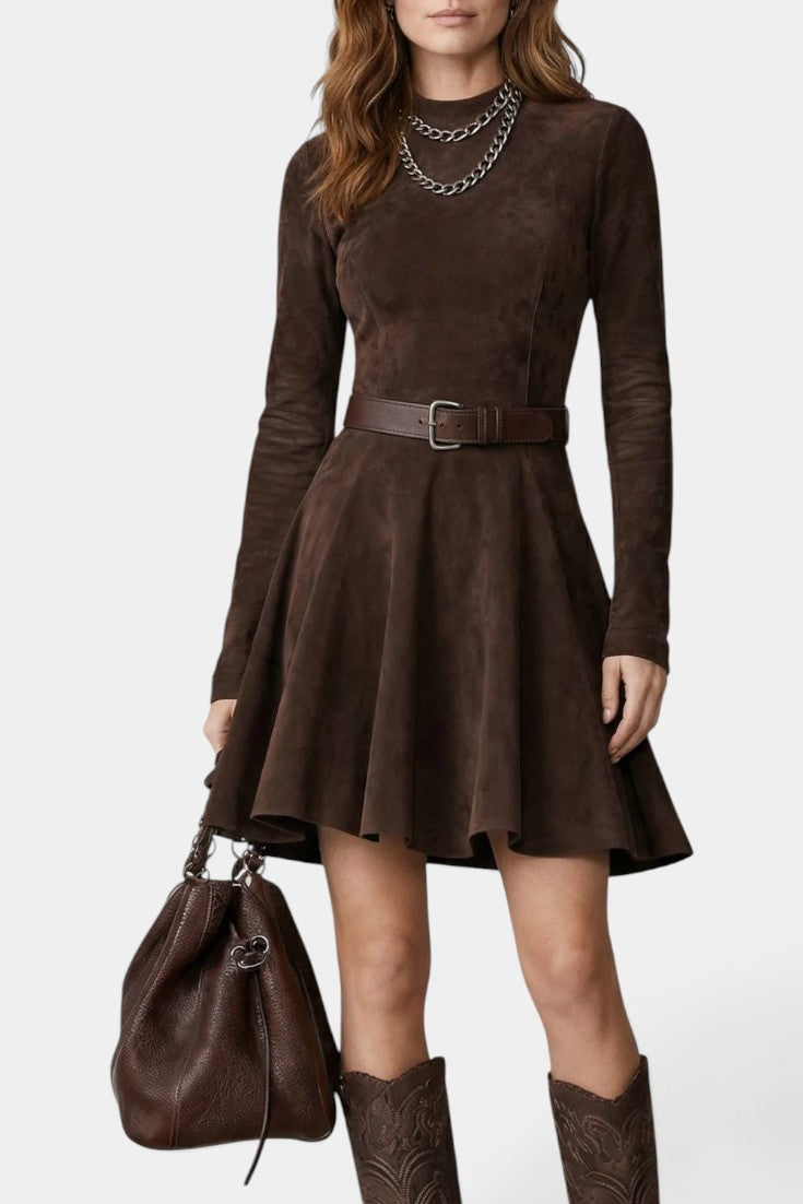 Mahaute Marlyène brown faux suede skater dress with long sleeves, round neck, and matching waist belt on a model.