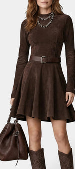 Mahaute Marlyène brown faux suede skater dress with long sleeves, round neck, and matching waist belt on a model.