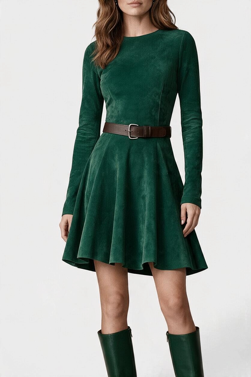 Mahaute Marlyène green suede skater dress with long sleeves, round neck, and a brown belted waist on a model.