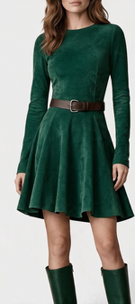 Mahaute Marlyène green suede skater dress with long sleeves, round neck, and a brown belted waist on a model.