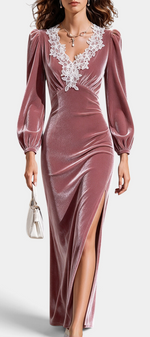 Mahaute long mauve velvet dress with white lace V-neck, puff sleeves, and side slit.