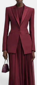 Mahaute Merryn burgundy two-piece set featuring a structured blazer and a flowing pleated maxi dress for formal wear.