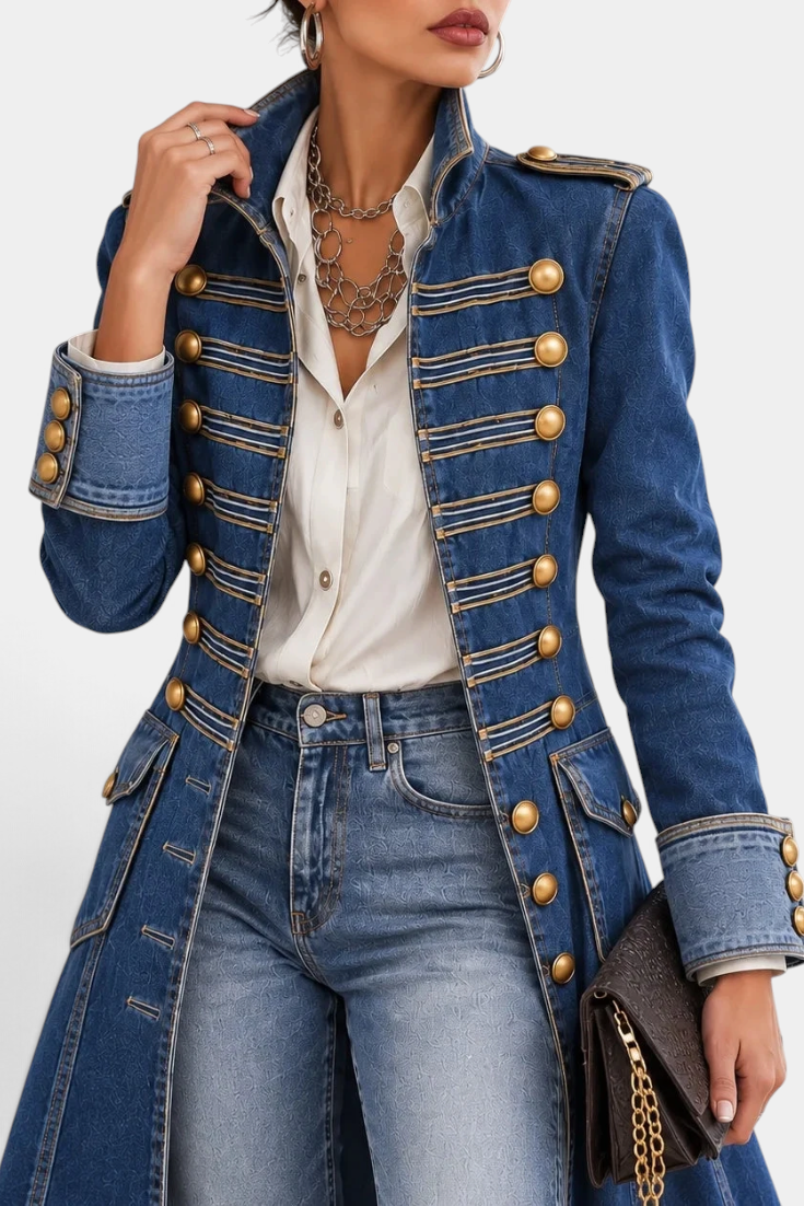 Mahaute mid-length blue denim jacket with military-style gold buttons and structured collar.