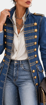 Mahaute mid-length blue denim jacket with military-style gold buttons and structured collar.