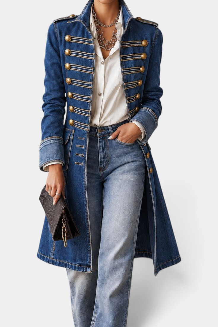 Mahaute mid-length blue denim jacket with military-style gold buttons and structured epaulettes.