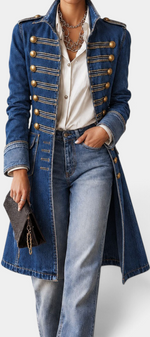 Mahaute mid-length blue denim jacket with military-style gold buttons and structured epaulettes.