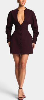 Mahaute Miglena short structured dress in deep burgundy with a plunging V-neckline, button front, and cinched waist.