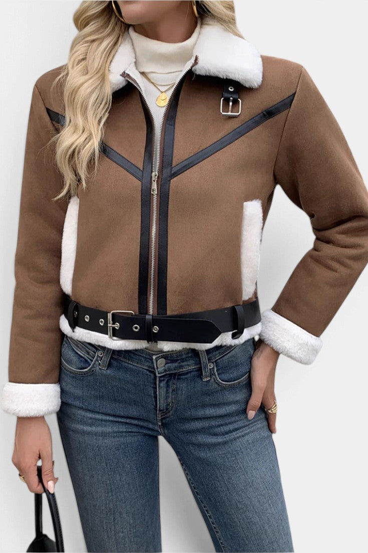 Mahaute Monet brown faux suede aviator jacket with white faux fur collar, black trim, zip closure, and waist belt.