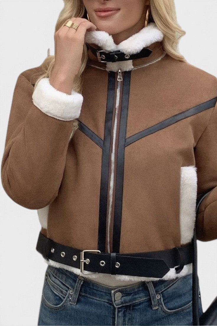 Mahaute Monet short brown faux suede jacket with white faux fur collar, black leather-look trim, and waist belt.