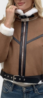 Mahaute Monet short brown faux suede jacket with white faux fur collar, black leather-look trim, and waist belt.