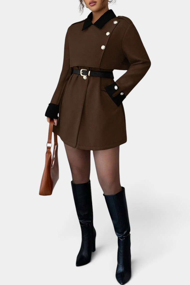 Mahaute Montrielle brown short coat with black contrast collar, cuffs, belted waist, and gold button details.