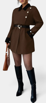 Mahaute Montrielle brown short coat with black contrast collar, cuffs, belted waist, and gold button details.