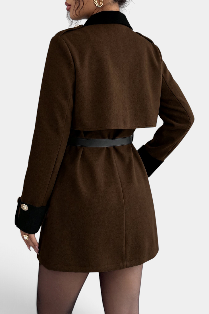 Mahaute short brown coat with black contrast collar, cuffs, cape-style back yoke, and gold button details.