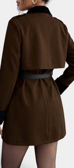 Mahaute short brown coat with black contrast collar, cuffs, cape-style back yoke, and gold button details.