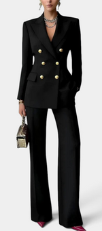 Mahaute Nadezhda black double-breasted blazer and wide-leg trouser suit set with gold buttons