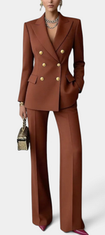 Mahaute Nadezhda brown double-breasted tailored blazer and wide-leg trousers suit set with gold buttons