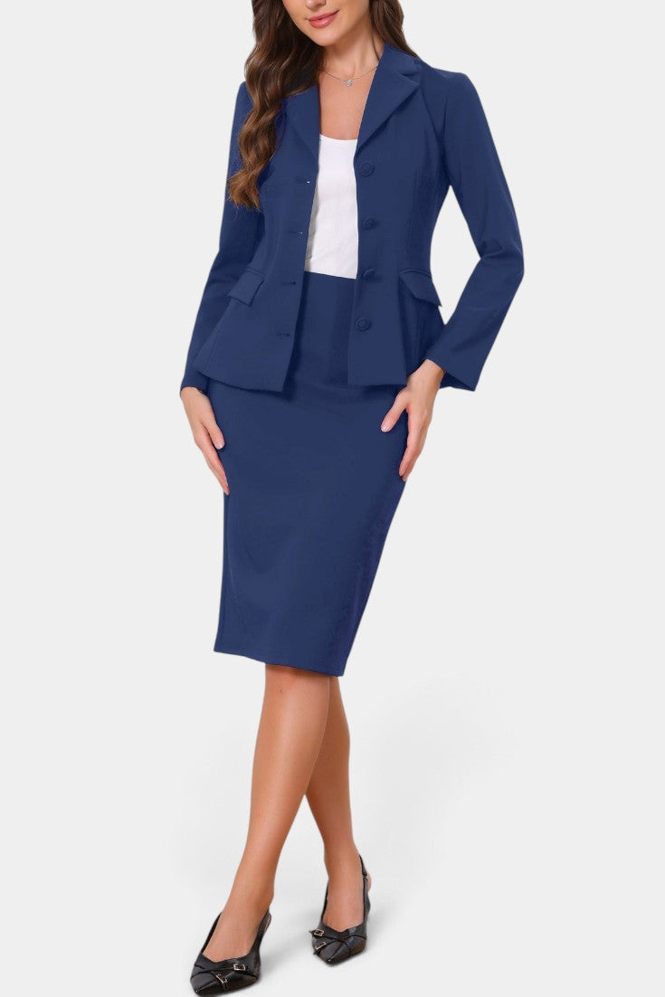 Ensemble tailleur blazer cintré et jupe crayon mi-longue Mahaute en tissu bleu marine, élégance et style professionnel.