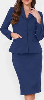 Ensemble tailleur blazer cintré et jupe crayon mi-longue Mahaute de couleur bleu marine, idéal pour un look élégant et professionnel.