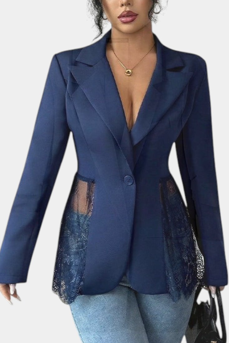 Mahaute navy blue tailored blazer with floral lace side panels, notched lapel and single button closure.