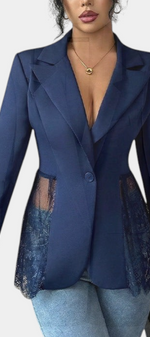 Mahaute navy blue tailored blazer with floral lace side panels, notched lapel and single button closure.