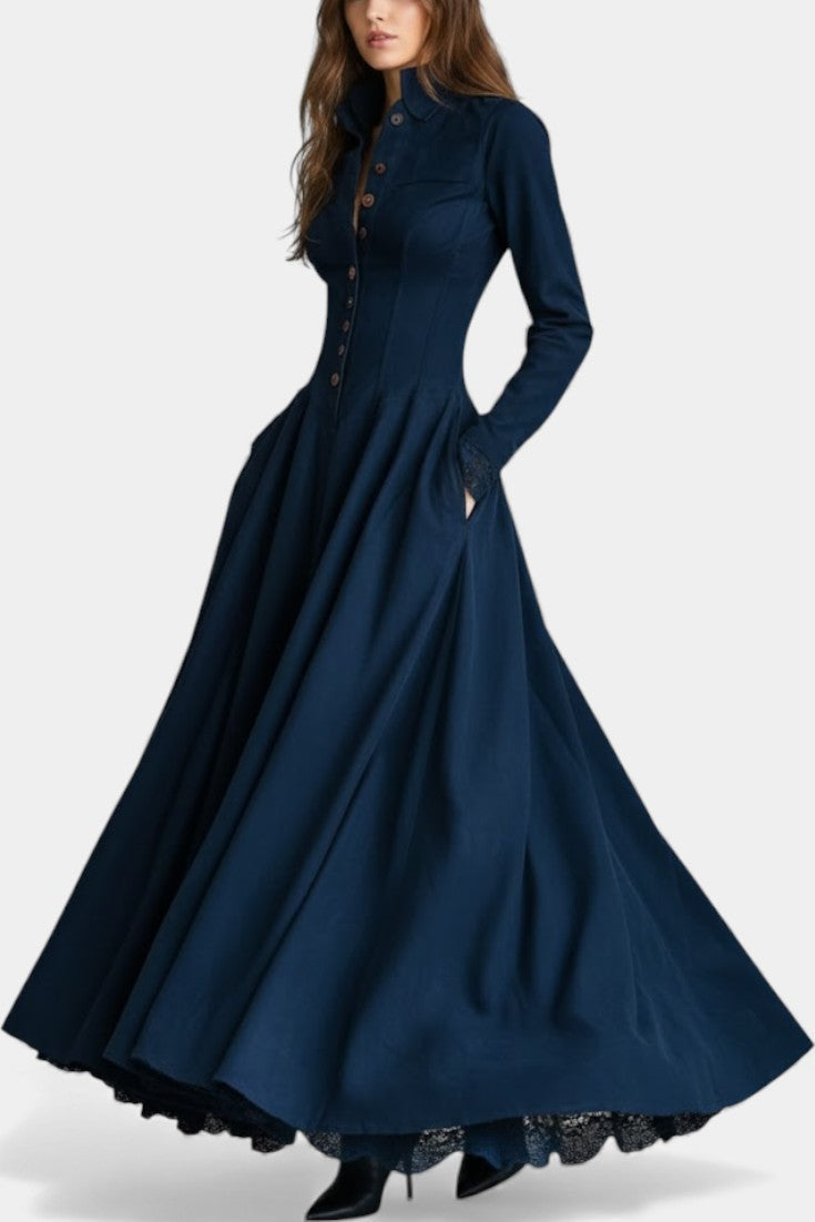 Mahaute navy blue long shirt dress in faux suede with a fitted waist, button-down front, and flared skirt.