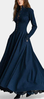 Mahaute navy blue long shirt dress in faux suede with a fitted waist, button-down front, and flared skirt.