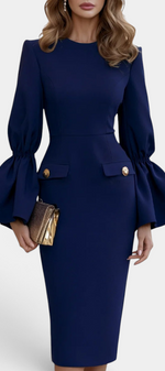 Mahaute Demelza navy blue midi sheath dress with flared sleeves and gold button details on a model