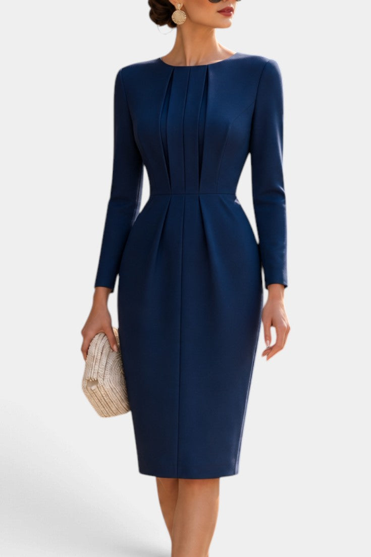 Mahaute navy blue midi dress with structured front pleats, long sleeves, and a fitted silhouette for formal events.