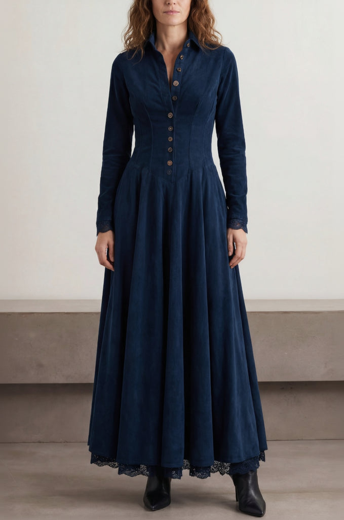 Mahaute long navy blue faux suede shirt dress with a structured collar, button-down front, and flared skirt.