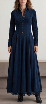 Mahaute long navy blue faux suede shirt dress with a structured collar, button-down front, and flared skirt.