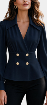 Mahaute navy blue tailored blouse with crossover neckline, cinched waist, and decorative gold buttons.