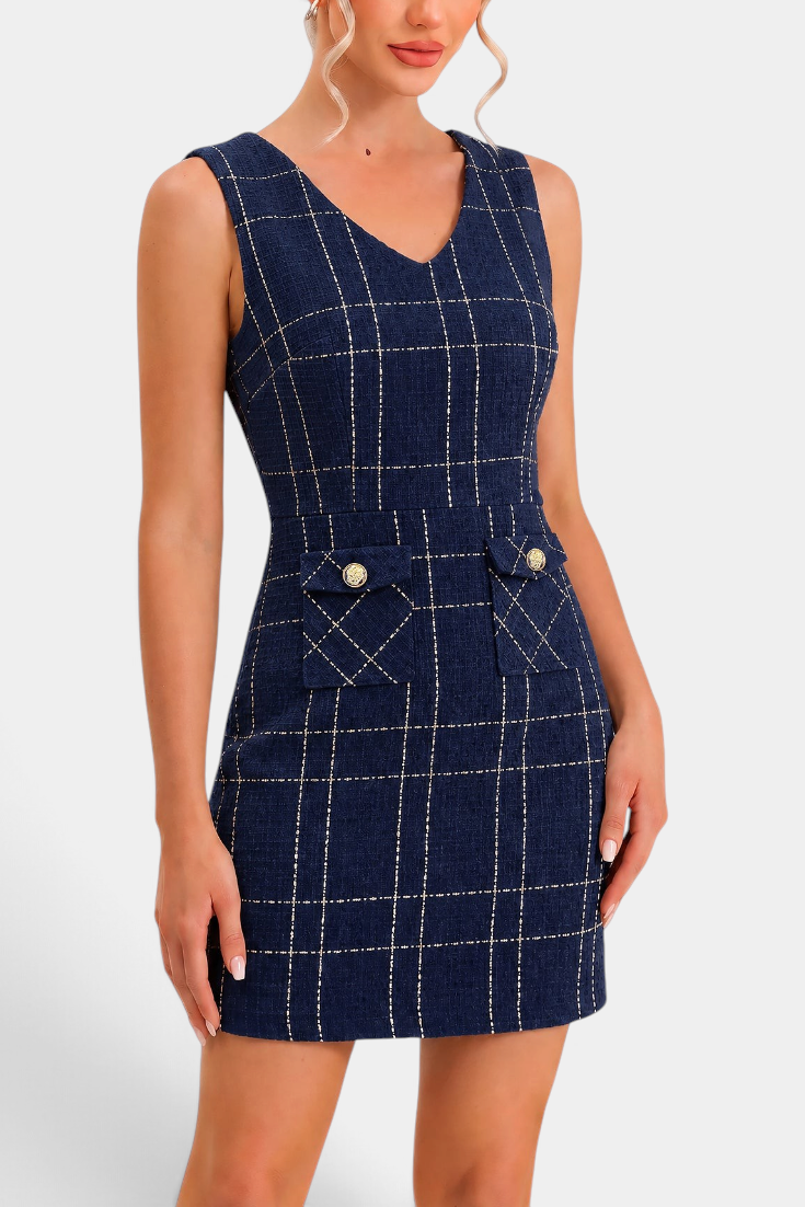 Mahaute navy blue tweed-effect short dress with white grid pattern, V-neck, and decorative gold button pockets.