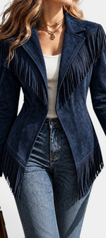 Mahaute navy blue faux suede tailored jacket with long fringe detailing on shoulders and hem.