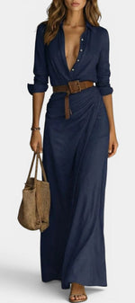 Robe longue Mahaute Souline en tissu navy avec col V, drapé latéral élégant et style chemise maxi.