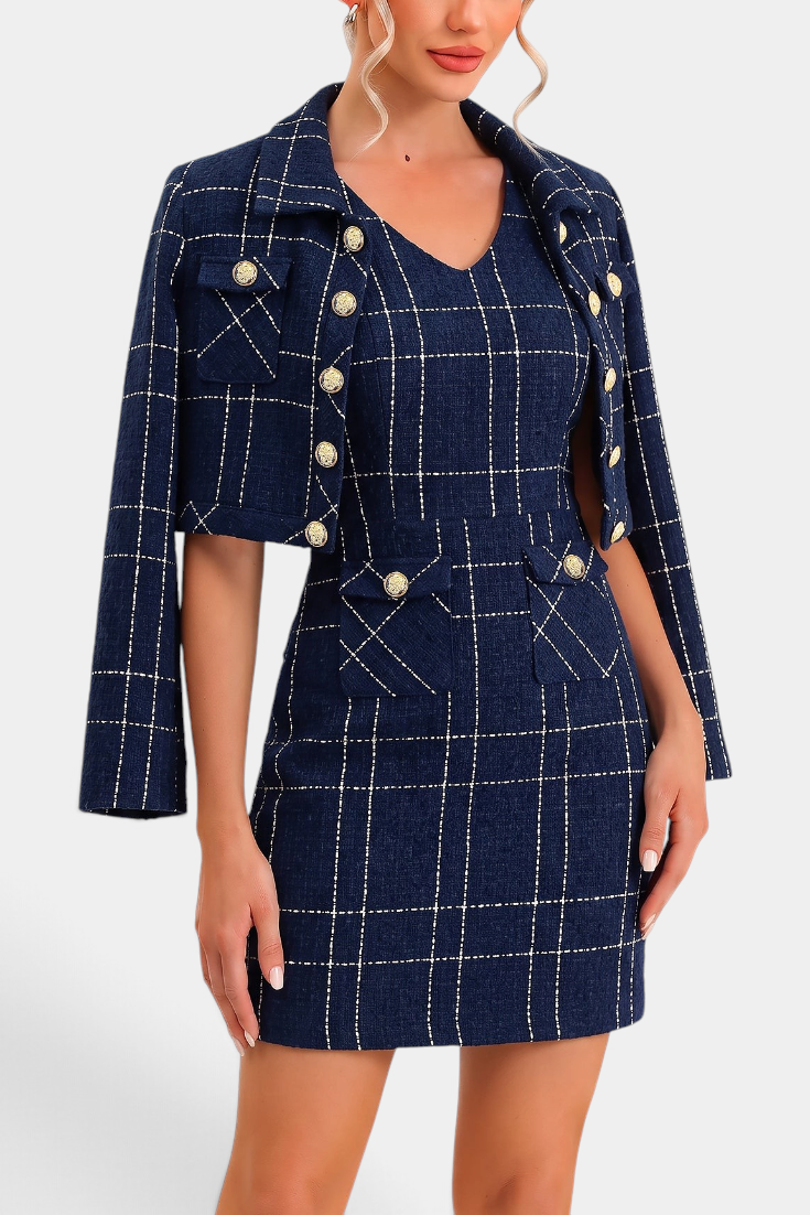 Mahaute navy blue tweed short dress and matching jacket set with white check pattern and gold buttons