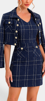 Mahaute navy blue tweed short dress and matching jacket set with white check pattern and gold buttons