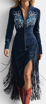 Mahaute Solmara navy velvet midi dress with contrast embroidery, front zipper, and long fringe detail on skirt