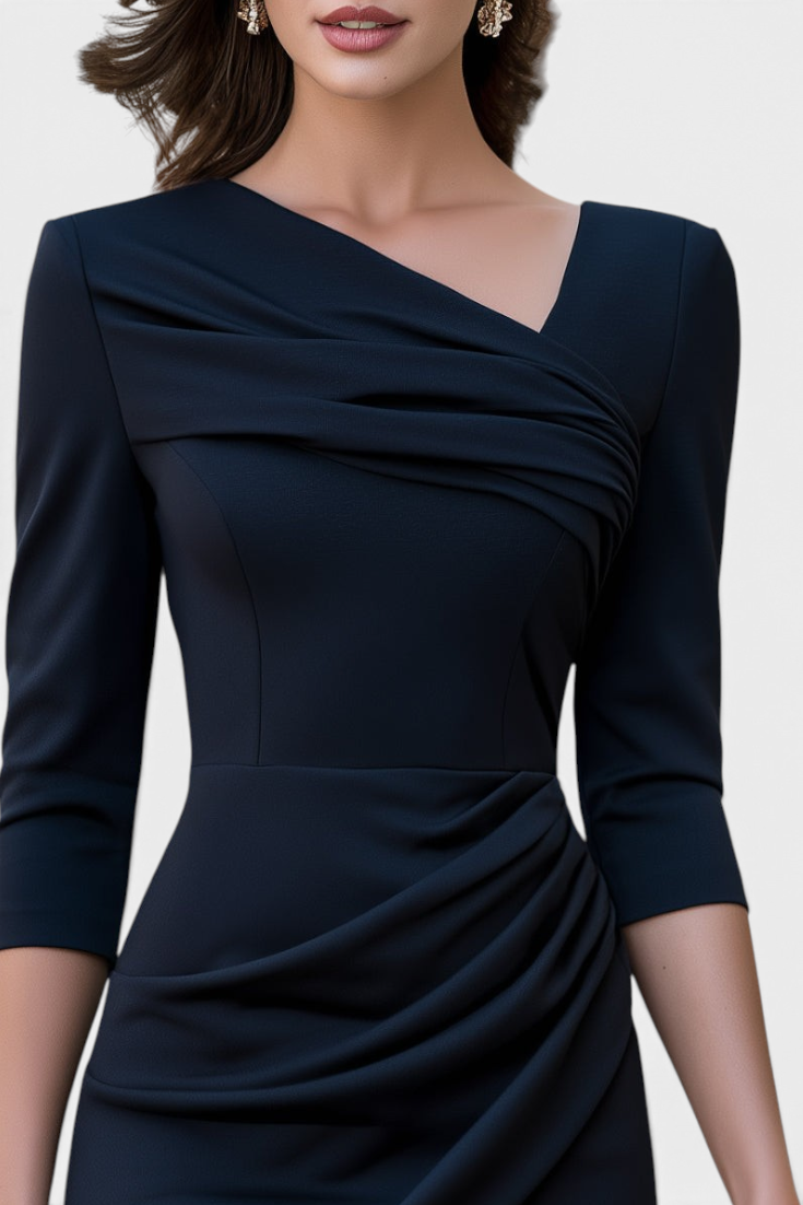 Mahaute Nefeli navy blue midi sheath dress with asymmetric neckline, three-quarter sleeves, and elegant draped detail.