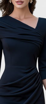 Mahaute Nefeli navy blue midi sheath dress with asymmetric neckline, three-quarter sleeves, and elegant draped detail.