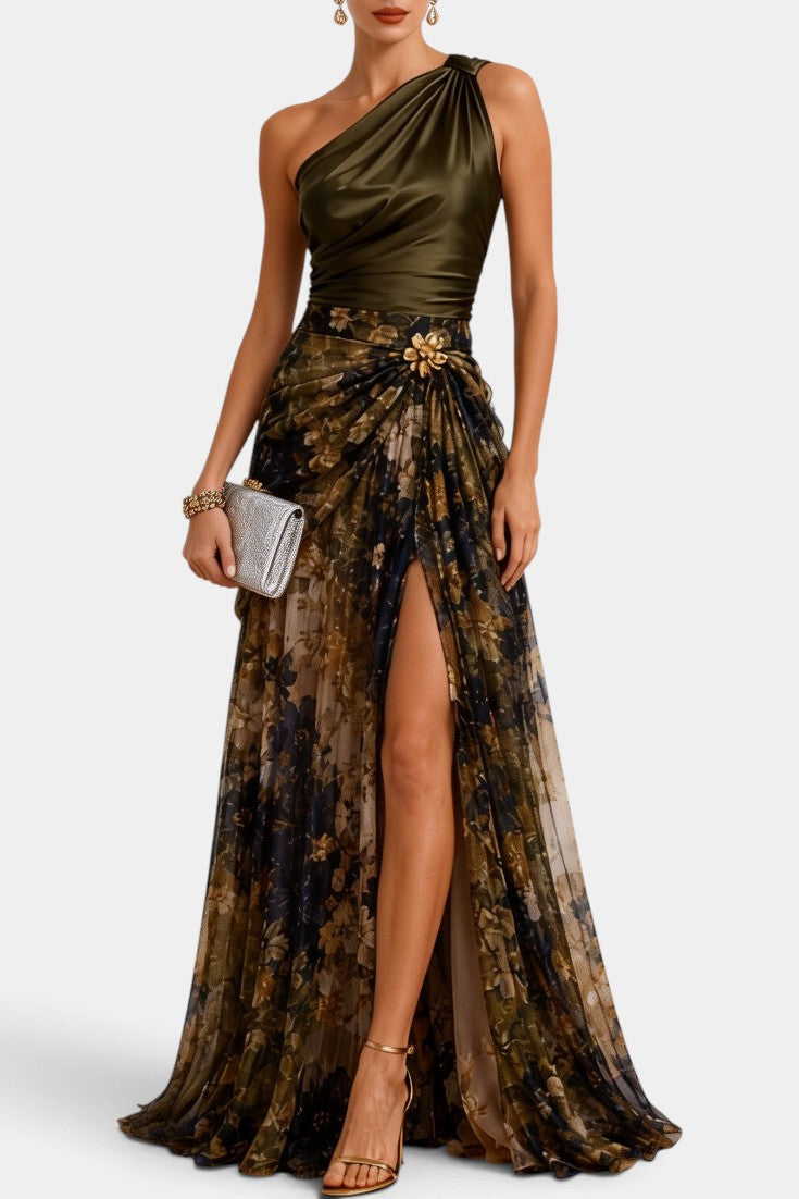 Nerea - Robe Longue Asymétrique à Épaule Dénudée, Drapé Satiné & Jupe Fleurie