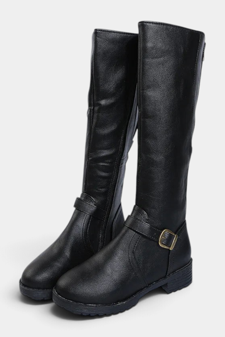Mahaute Nevena black faux leather high boots with a buckled ankle strap and chunky lug sole