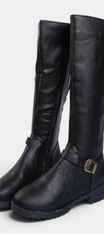 Mahaute Nevena black faux leather high boots with a buckled ankle strap and chunky lug sole