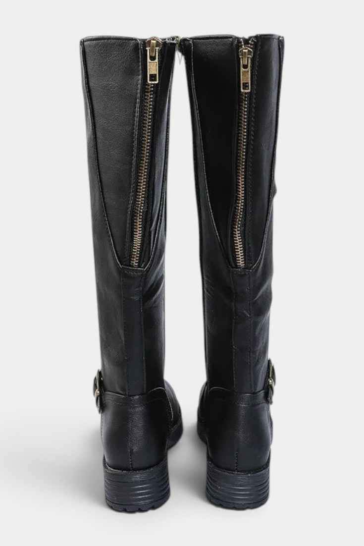 Mahaute Nevena black faux leather knee-high boots with back zipper and lug sole, rear view