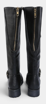 Mahaute Nevena black faux leather knee-high boots with back zipper and lug sole, rear view