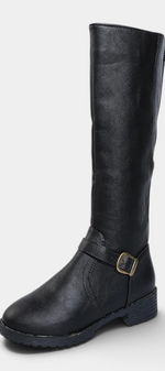 Mahaute Nevena black faux leather knee-high boots with a buckled ankle strap and chunky lug sole