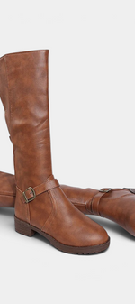 Mahaute Nevena brown faux leather knee-high boots with buckle strap detail and chunky lug sole