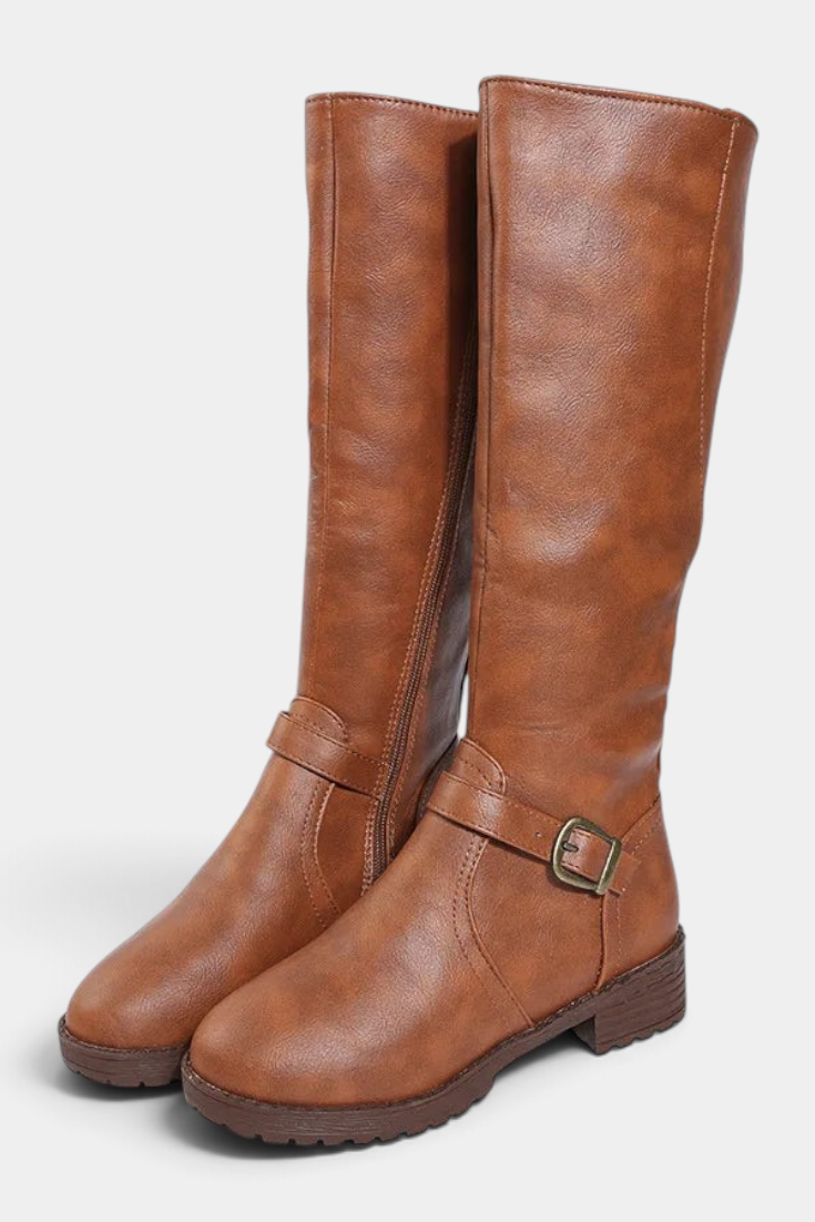 Mahaute Nevena tan faux leather knee-high boots with buckled ankle strap and chunky lug sole