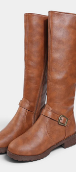 Mahaute Nevena tan faux leather knee-high boots with buckled ankle strap and chunky lug sole