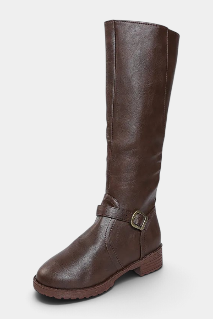 Mahaute Nevena brown faux leather knee-high boots with a buckled ankle strap and chunky lug sole