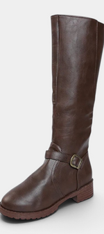 Mahaute Nevena brown faux leather knee-high boots with a buckled ankle strap and chunky lug sole